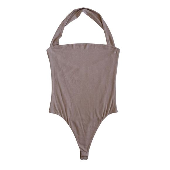 Superdown Revolve Bodysuit Top Halter Ribbed Stretch Open Back Size Medium Taupe - Picture 1 of 10
